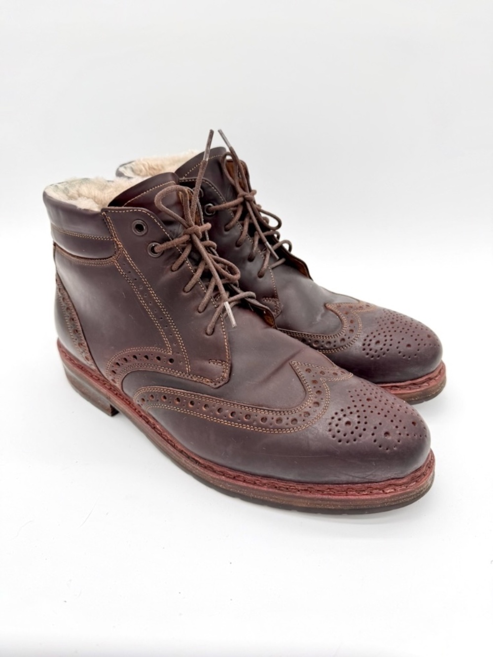 Heinrich Dinkelacker Brown Leather Wingtip Boots Shearling Lined Men US 10.5